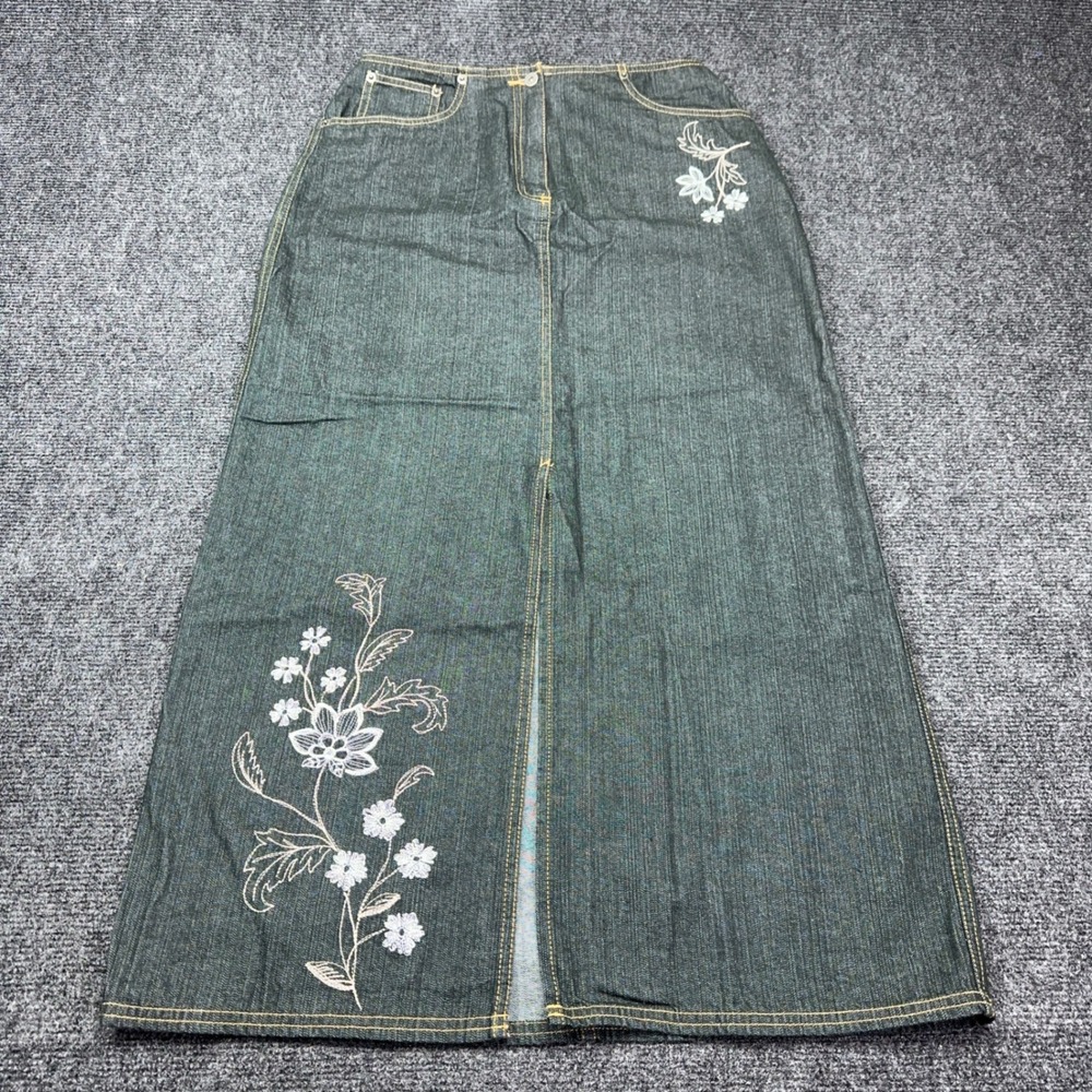 Marsh Landing Amanda Smith Floral Embroidered Denim Maxi Skirt Dark Wash Size 6